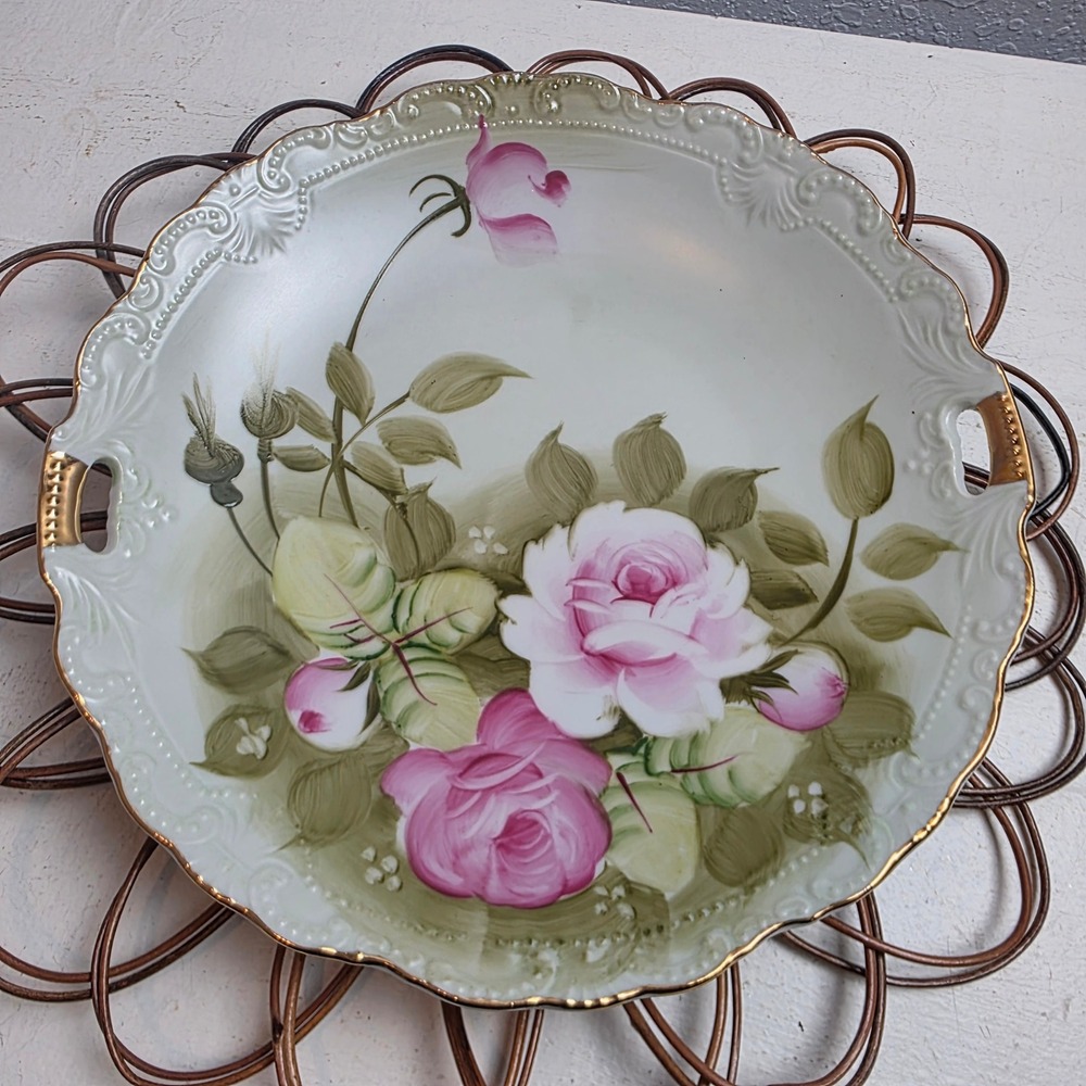 Antique Lefton Hand Painted Pink Rose Porcelain Cake Plate Gold Gilt Scallop Rim